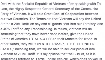 特朗普：越南将对美出口实施零关税 为向美出口支付20%的关税