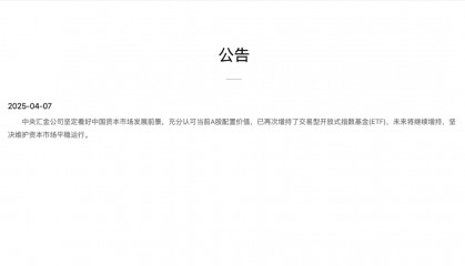 中央汇金公司公告:坚决维护资本市场平稳运行
